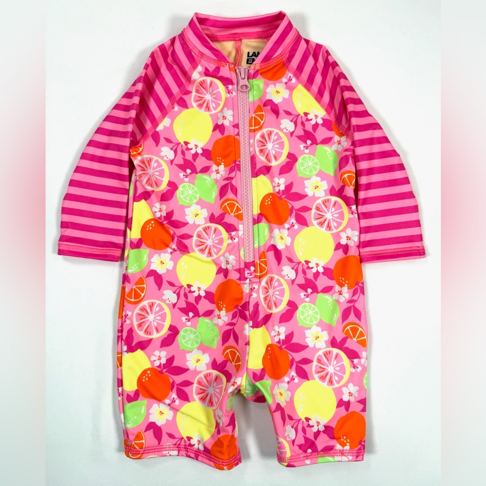 Lands' End Kids Pink Fruit Print Rashguard Swimsuit